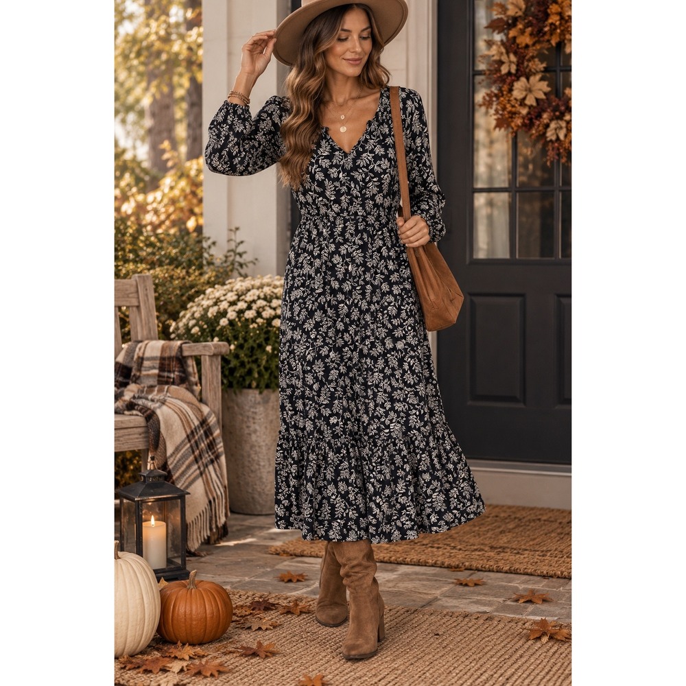 Old Navy Black Floral Boho Midi Dress Black White Tiered Long Sleeve Small Fall
